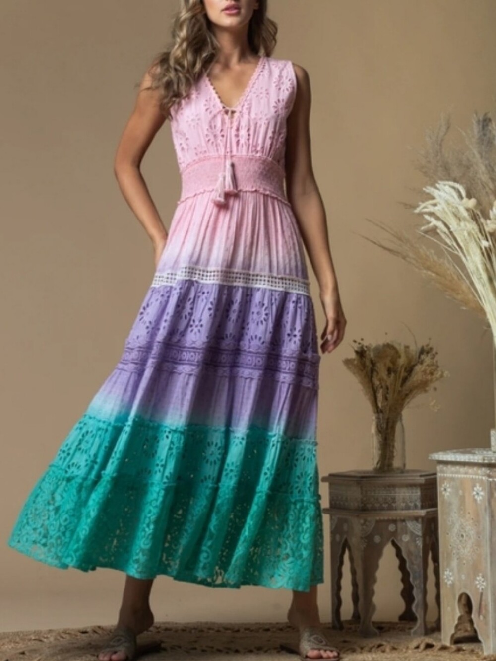 Z&L tiered garment-dyed ombre eyelet sleeveless maxi dress with a smocked waist